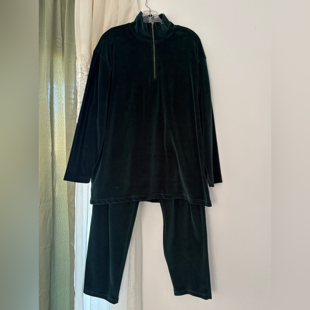 Jones Wear Velour Lounge Set Womens L/XL Green Excellent Vintage Quarter Zip